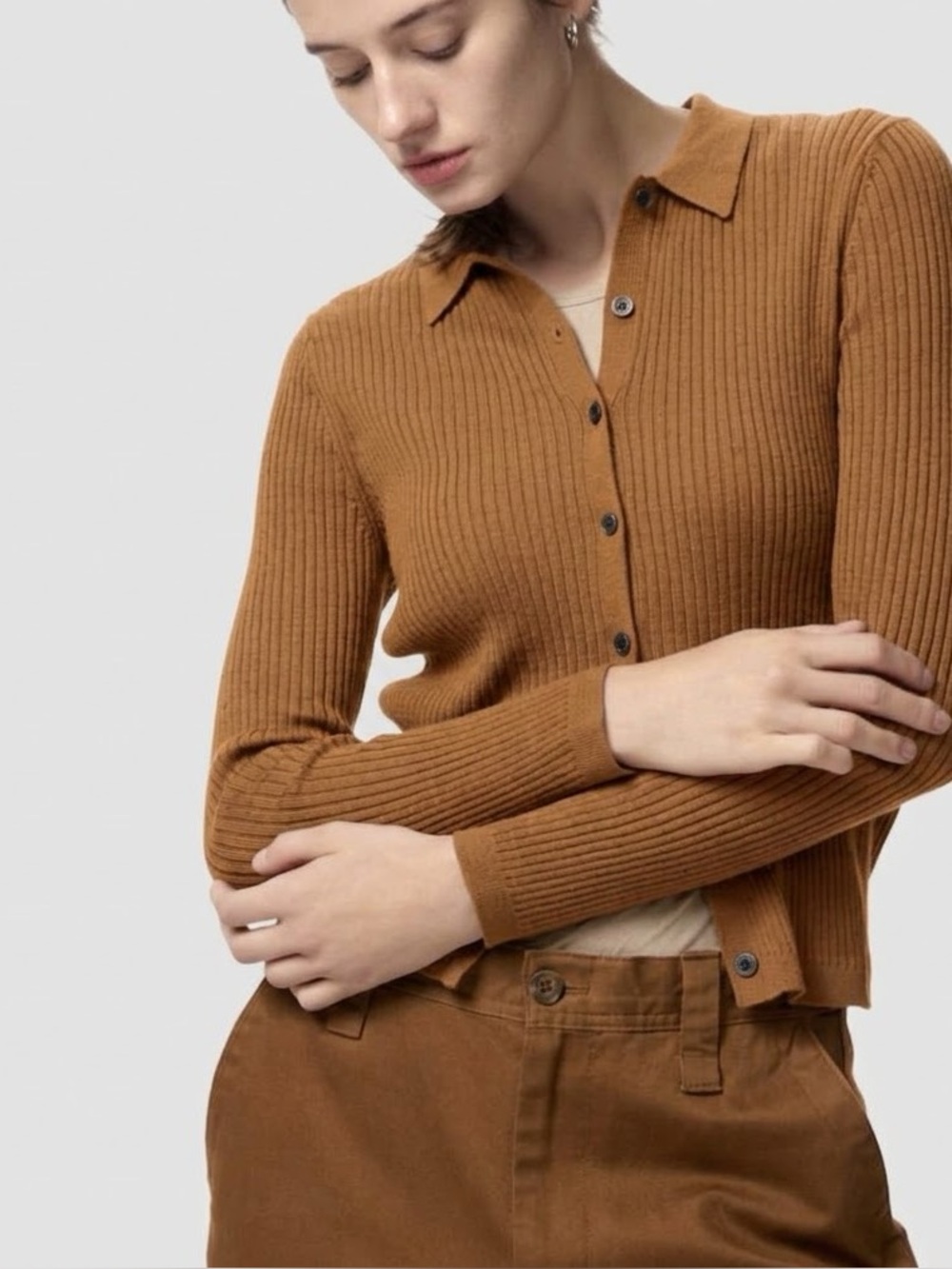 Uniqlo 100% Extra fine Merino Wool Brown ribbed polo knit top